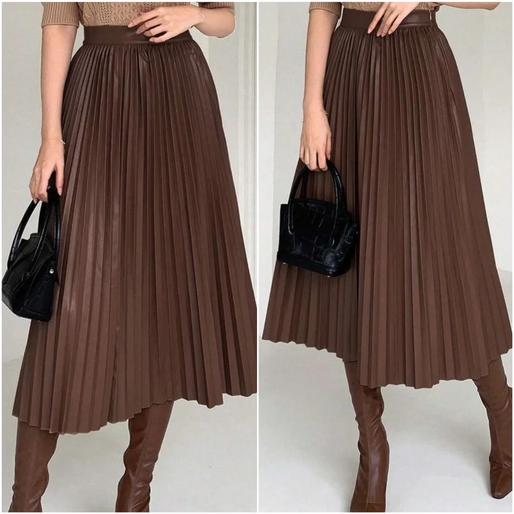 Luxe Vegan leather Accordion Pleated Midi Skirt - Picture 7 of 8